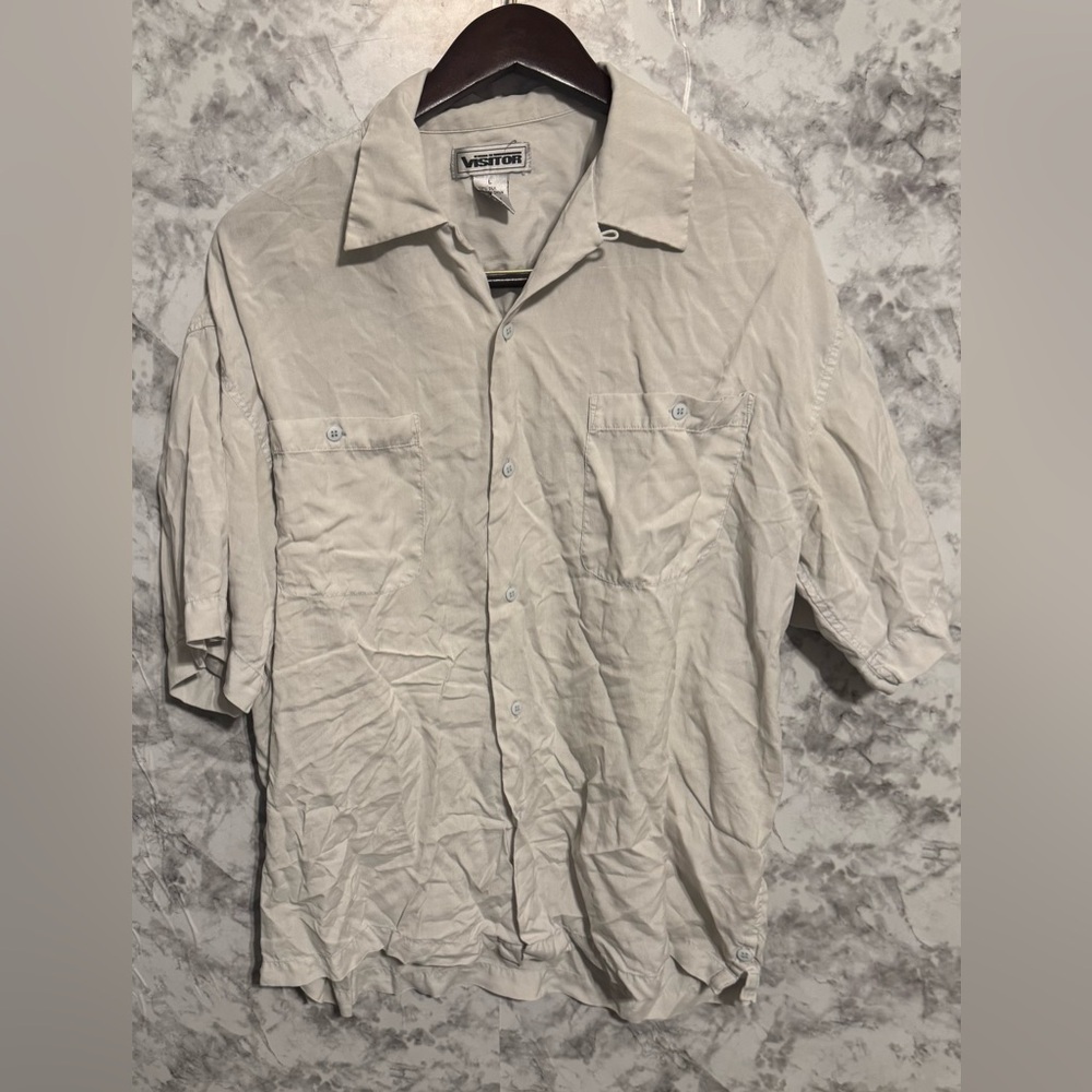Visitor Large 100% Silk Shirt Beige Short Sleeve